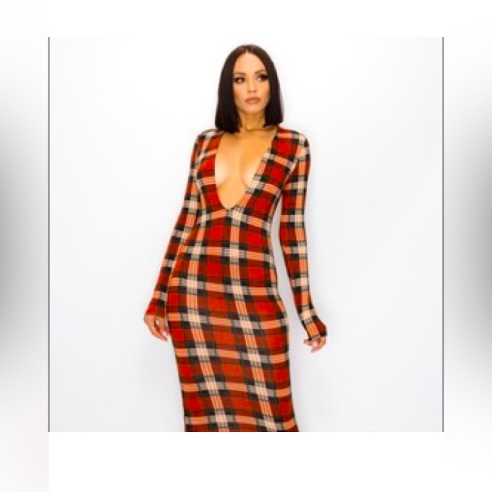 & Other Stories Red and Black Plaid Long Sleeve Dress